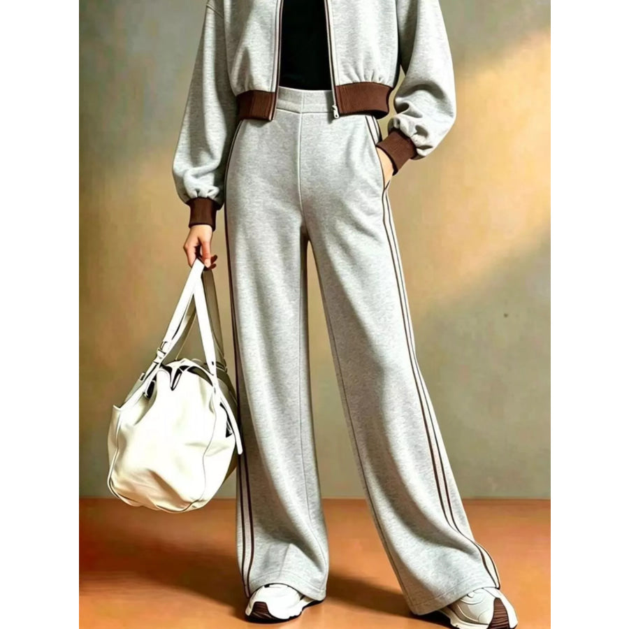 Contrast Ribbed Jacket and Wide-Leg Pants Tracksuit Set