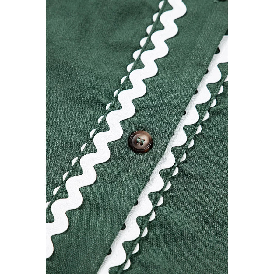 Contrast Ricrac Trim Button V Neck Knotted Bracelet Sleeve Shift Dress Apparel and Accessories