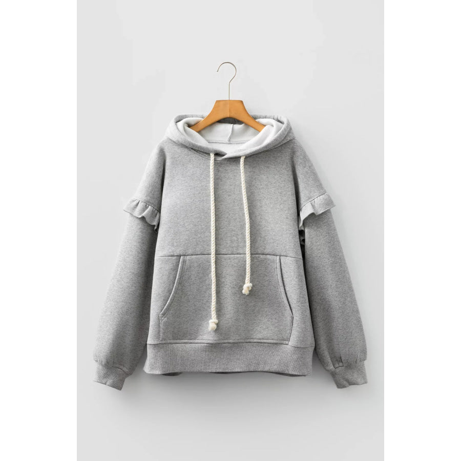 Contrast Rope Drawstring Ruffle Trim Drop Shoulder Baggy Hoodie Apparel and Accessories