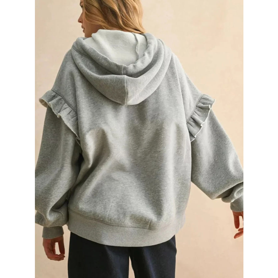 Contrast Rope Drawstring Ruffle Trim Drop Shoulder Baggy Hoodie Gray / S Apparel and Accessories