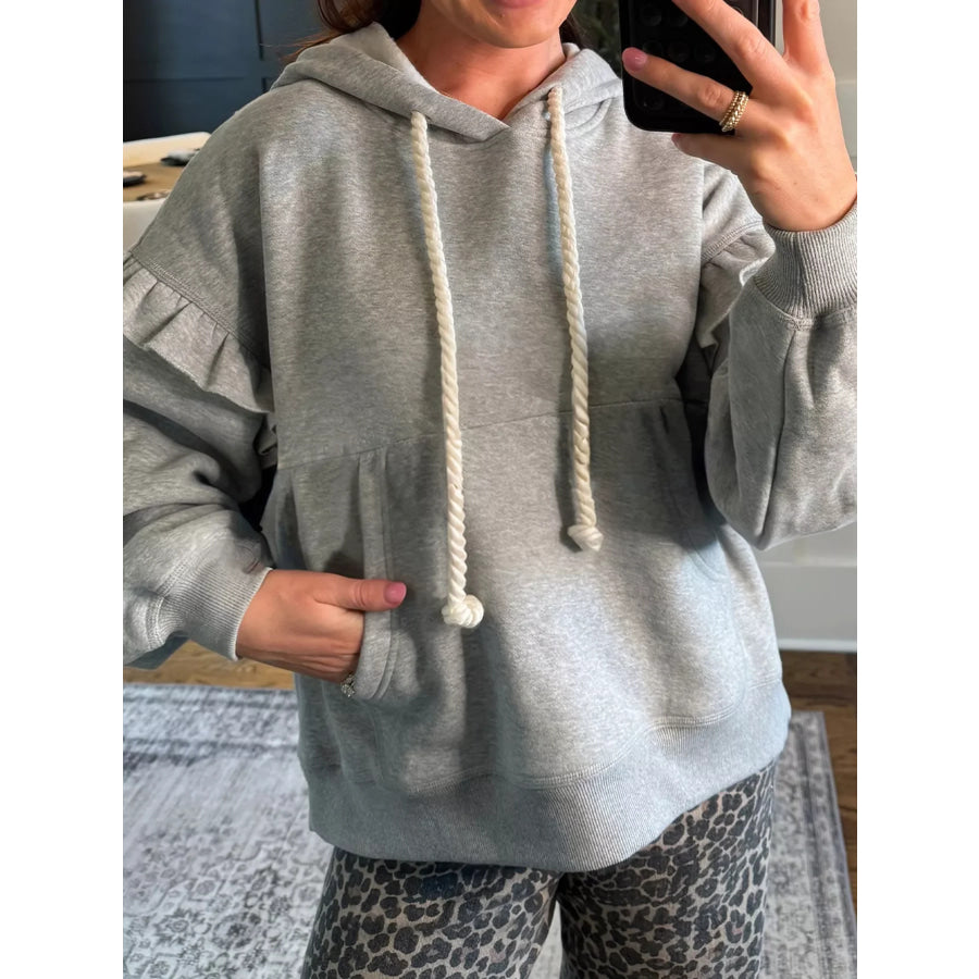 Contrast Rope Drawstring Ruffle Trim Drop Shoulder Baggy Hoodie Gray / S Apparel and Accessories