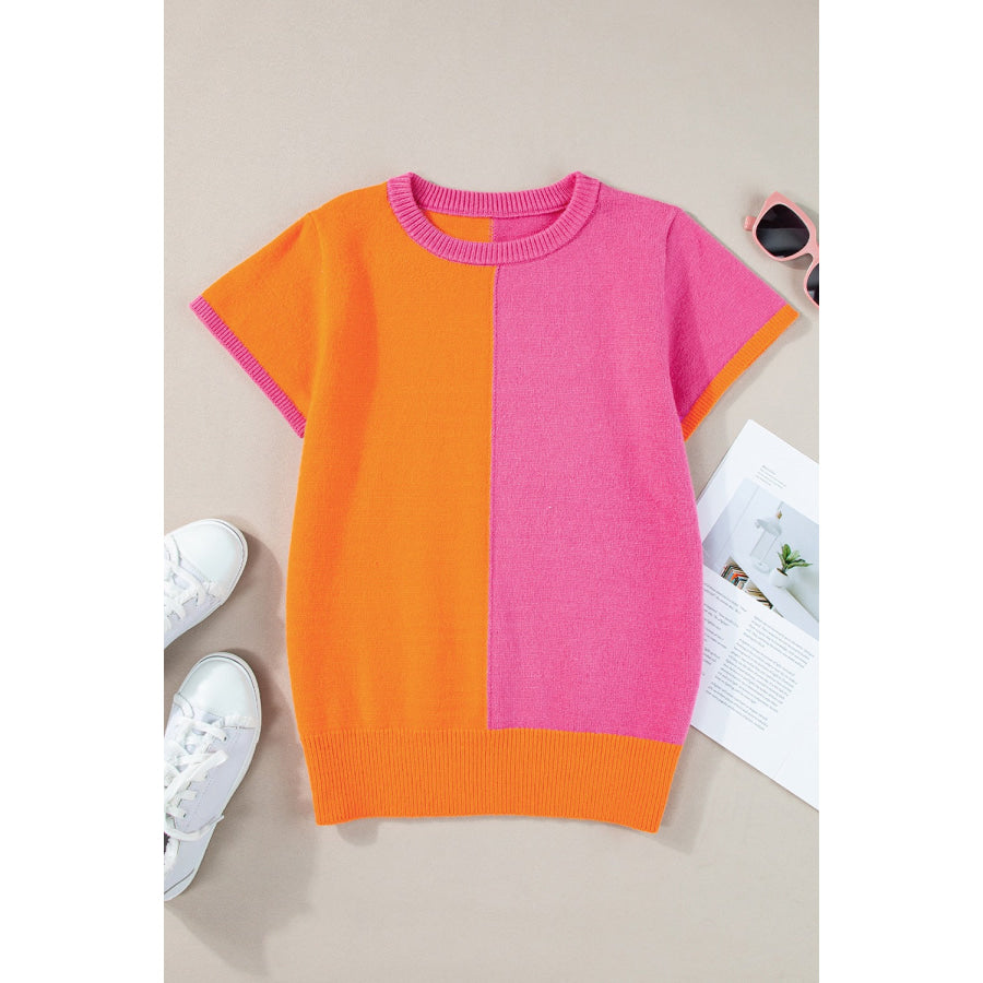 Contrast Round Neck Cap Sleeve Sweater Orange / S Apparel and Accessories