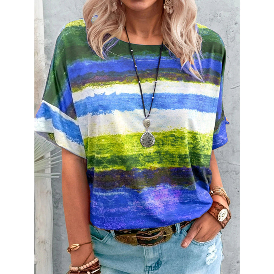 Contrast Round Neck Casual T-Shirt Blue / S Apparel and Accessories