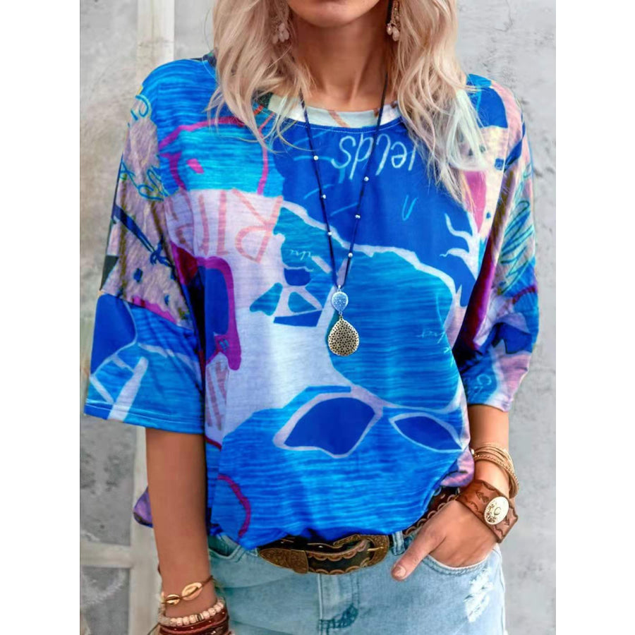 Contrast Round Neck Casual T-Shirt Geometric Blue / S Apparel and Accessories