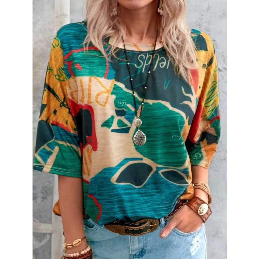 Contrast Round Neck Casual T-Shirt Geometric Green / S Apparel and Accessories