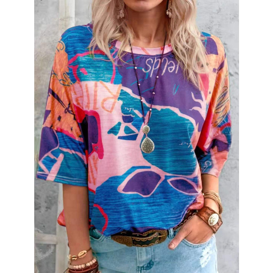 Contrast Round Neck Casual T-Shirt Geometric Pink / S Apparel and Accessories