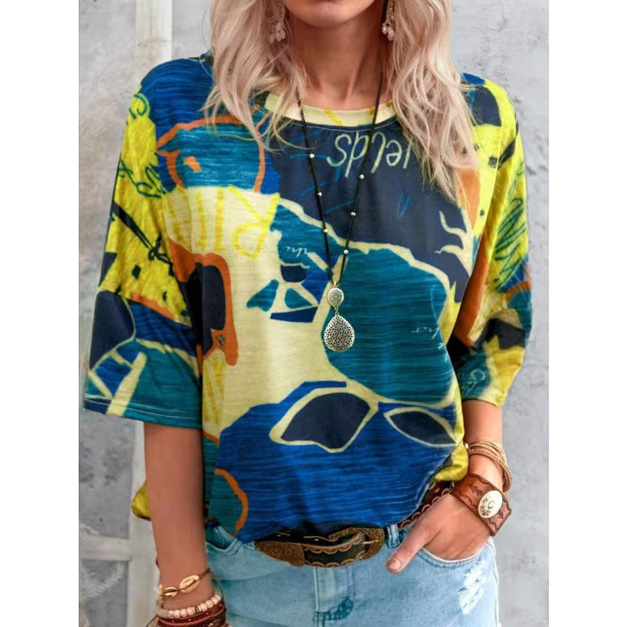 Contrast Round Neck Casual T-Shirt Geometric Yellow / S Apparel and Accessories