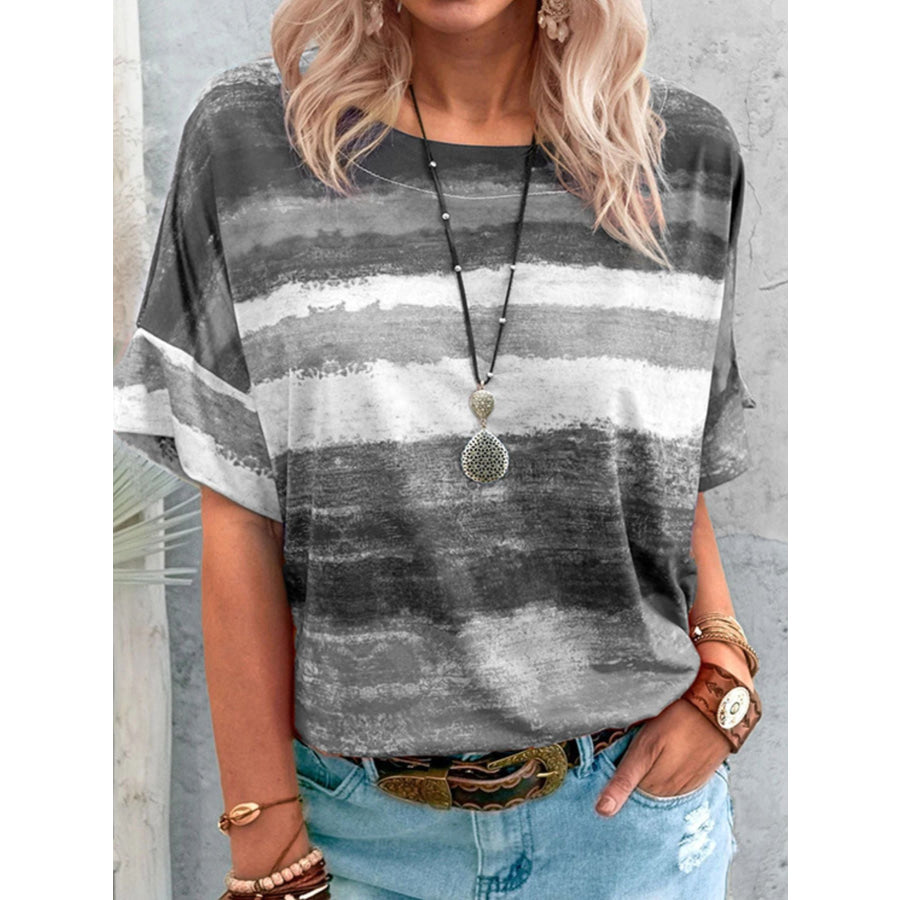 Contrast Round Neck Casual T-Shirt Grey / S Apparel and Accessories