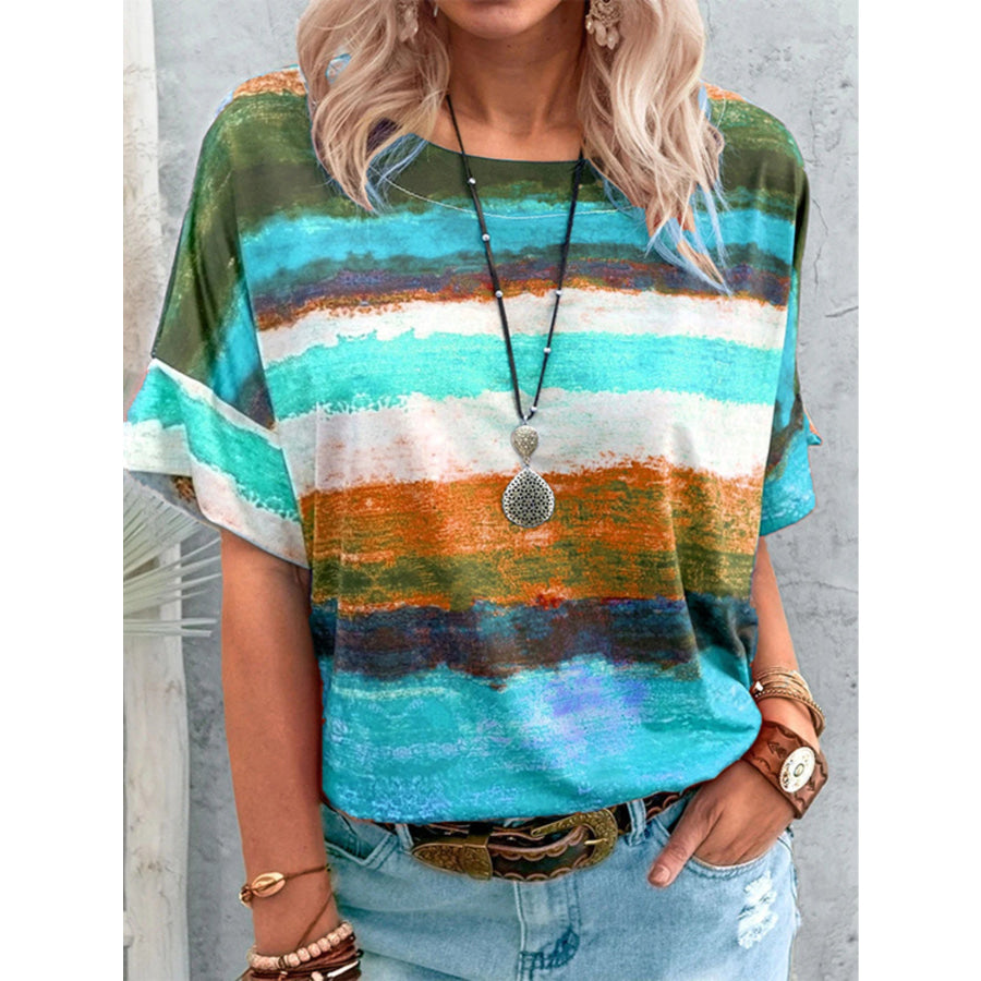 Contrast Round Neck Casual T-Shirt Lake Blue / S Apparel and Accessories