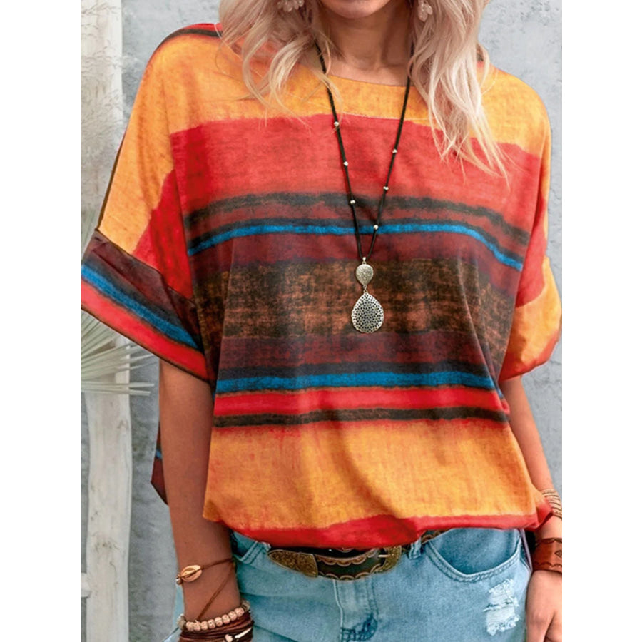Contrast Round Neck Casual T-Shirt Orange / S Apparel and Accessories