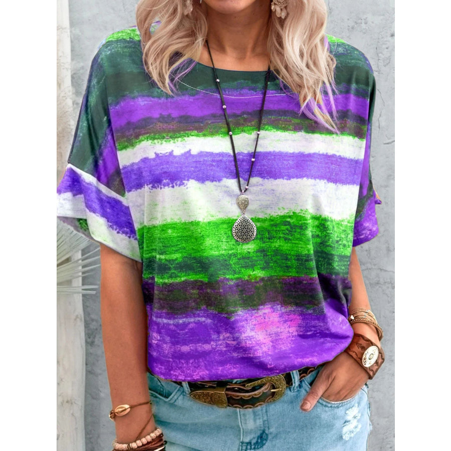 Contrast Round Neck Casual T-Shirt Purple / S Apparel and Accessories