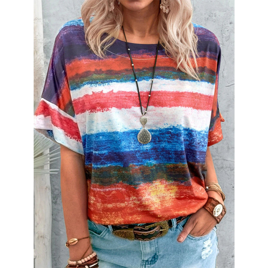 Contrast Round Neck Casual T-Shirt Red / S Apparel and Accessories