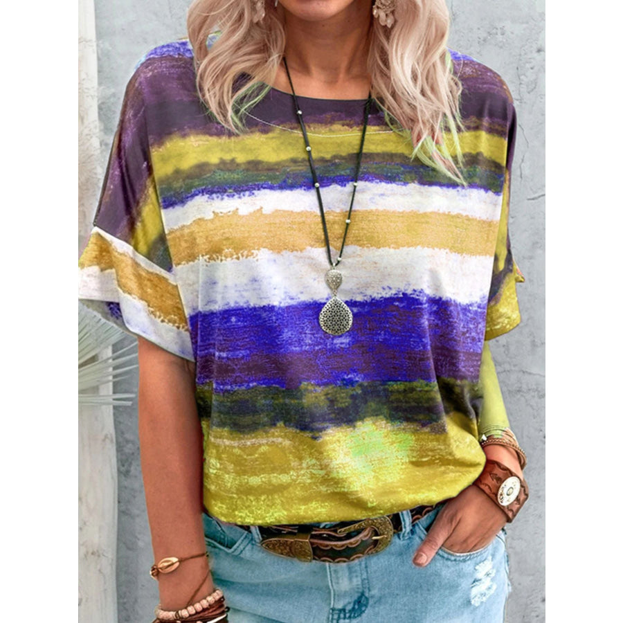 Contrast Round Neck Casual T-Shirt Yellow / S Apparel and Accessories