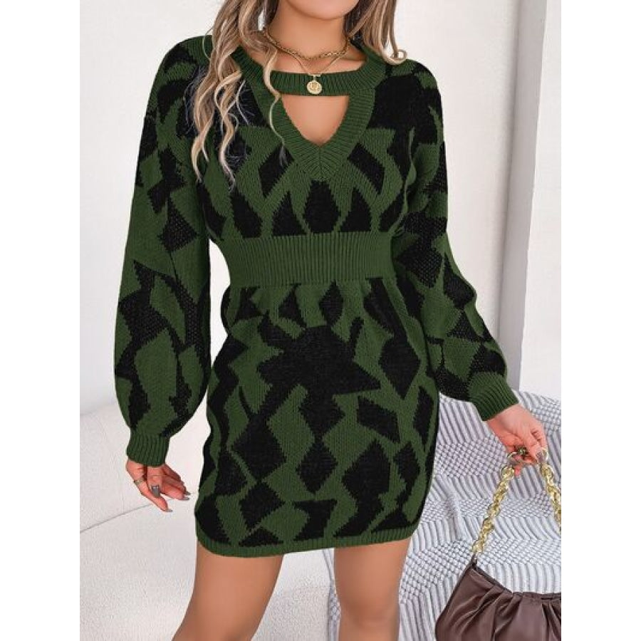 Contrast Round Neck Cutout Long Sleeve Mini Sweater Dress Army Green / S Clothing