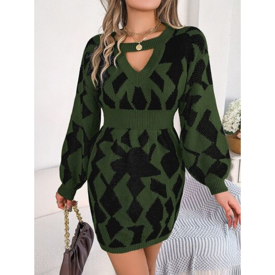 Contrast Round Neck Cutout Long Sleeve Mini Sweater Dress Clothing