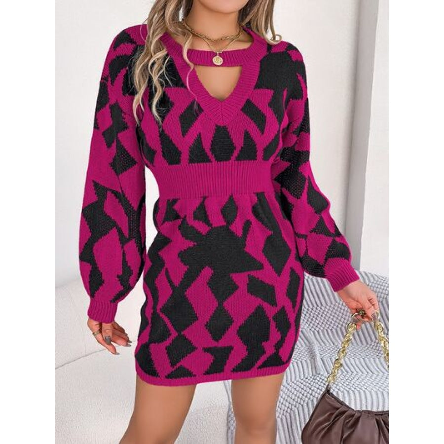 Contrast Round Neck Cutout Long Sleeve Mini Sweater Dress Clothing