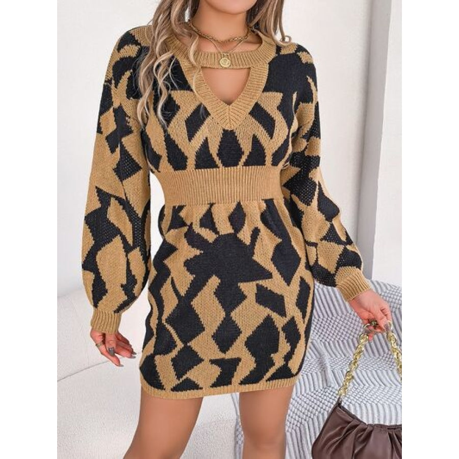 Contrast Round Neck Cutout Long Sleeve Mini Sweater Dress Clothing