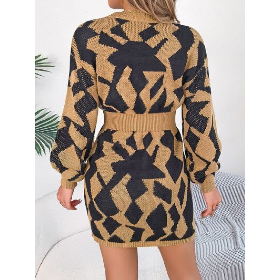 Contrast Round Neck Cutout Long Sleeve Mini Sweater Dress Clothing