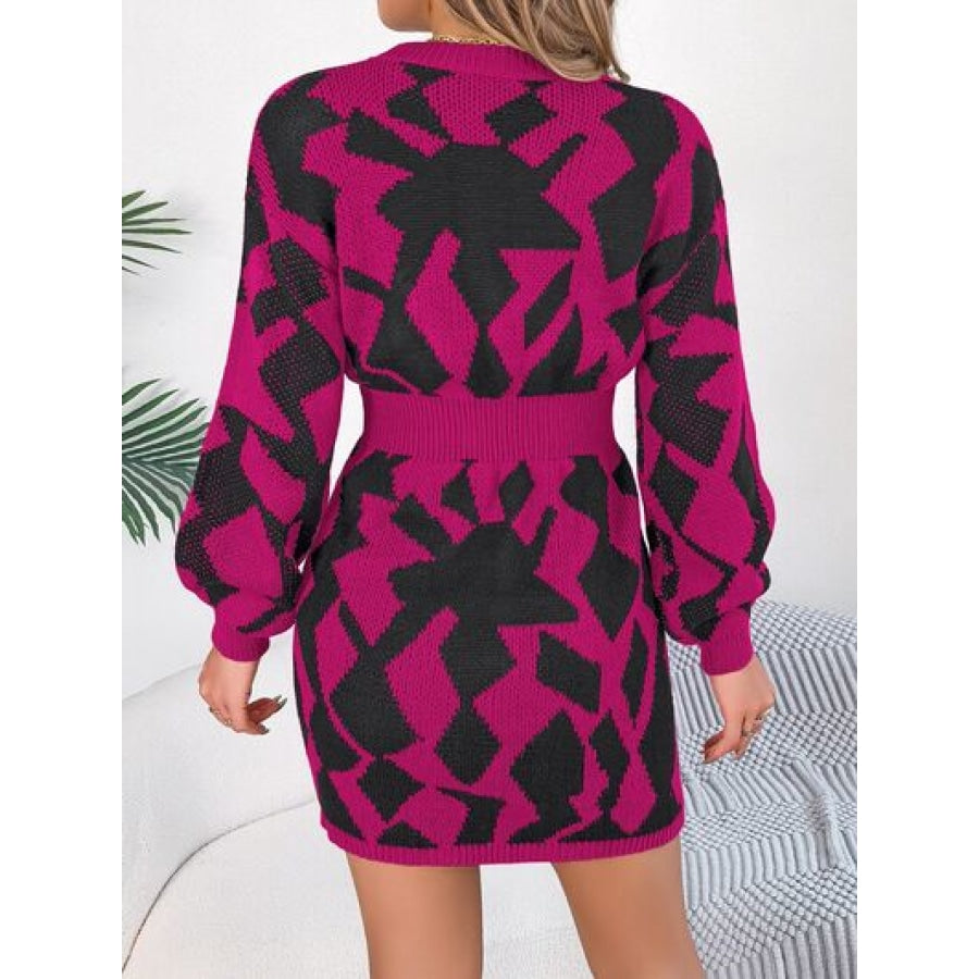 Contrast Round Neck Cutout Long Sleeve Mini Sweater Dress Clothing