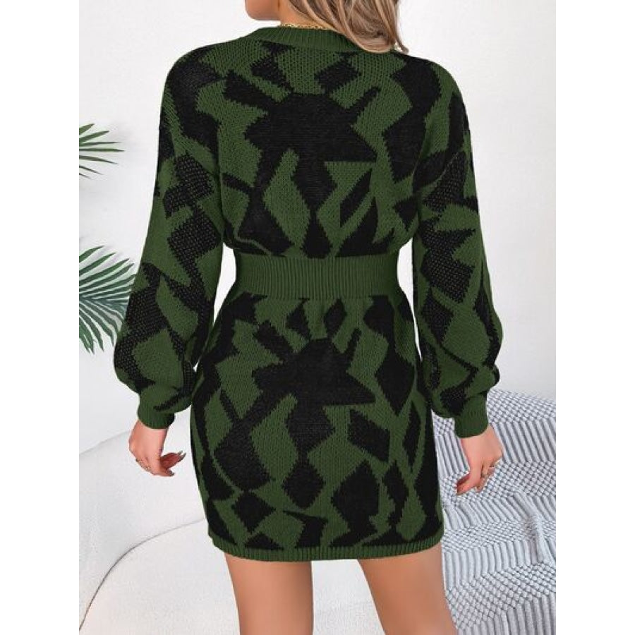 Contrast Round Neck Cutout Long Sleeve Mini Sweater Dress Clothing