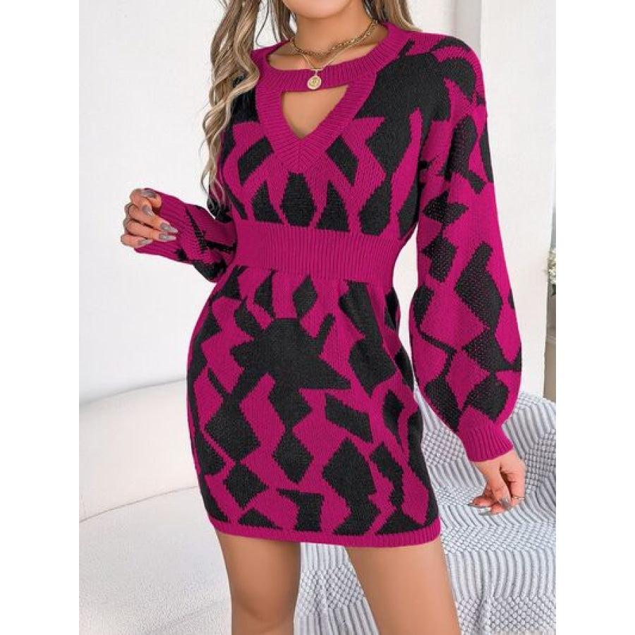 Contrast Round Neck Cutout Long Sleeve Mini Sweater Dress Deep Rose / S Clothing