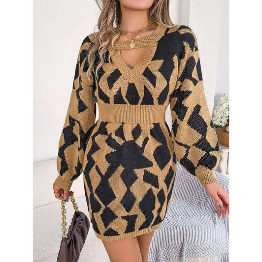 Contrast Round Neck Cutout Long Sleeve Mini Sweater Dress Khaki / S Clothing