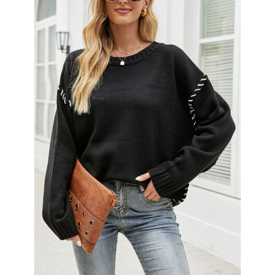 Contrast Round Neck Drop Shoulder Knit Top Black / S Clothing