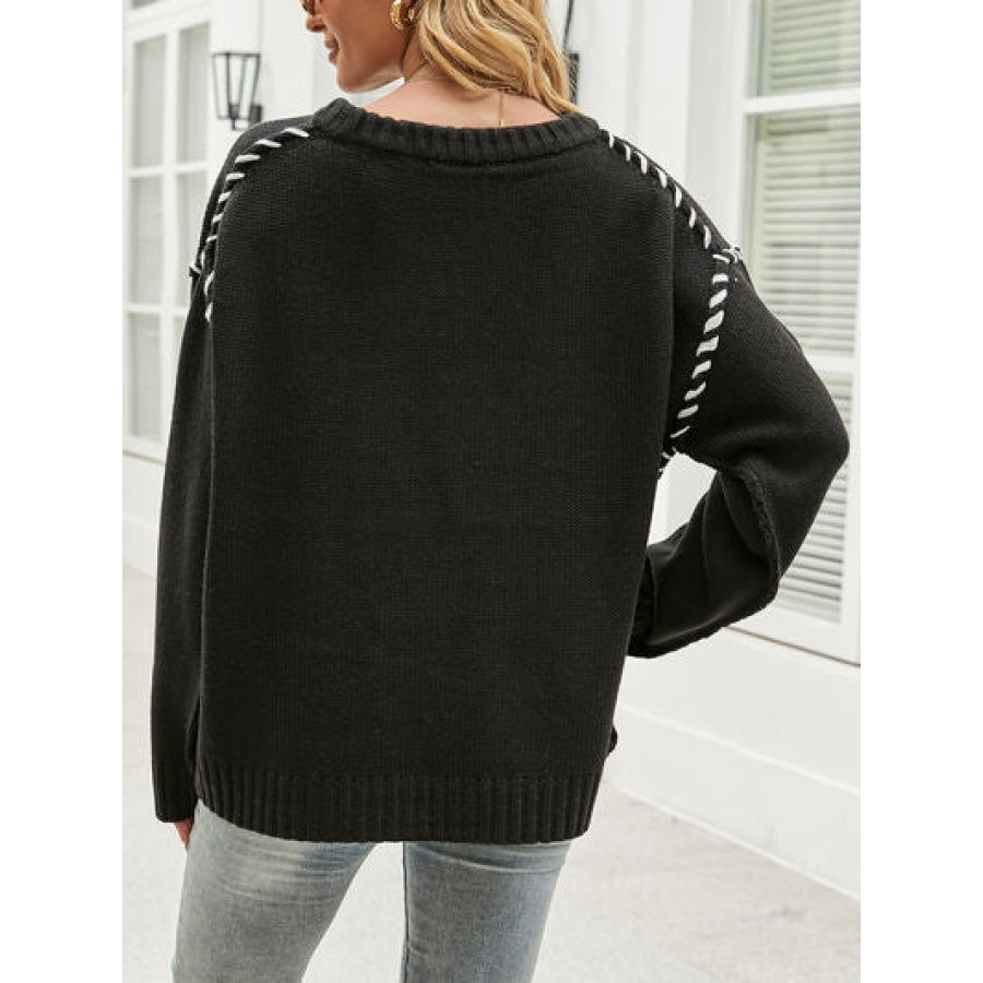 Contrast Round Neck Drop Shoulder Knit Top Clothing