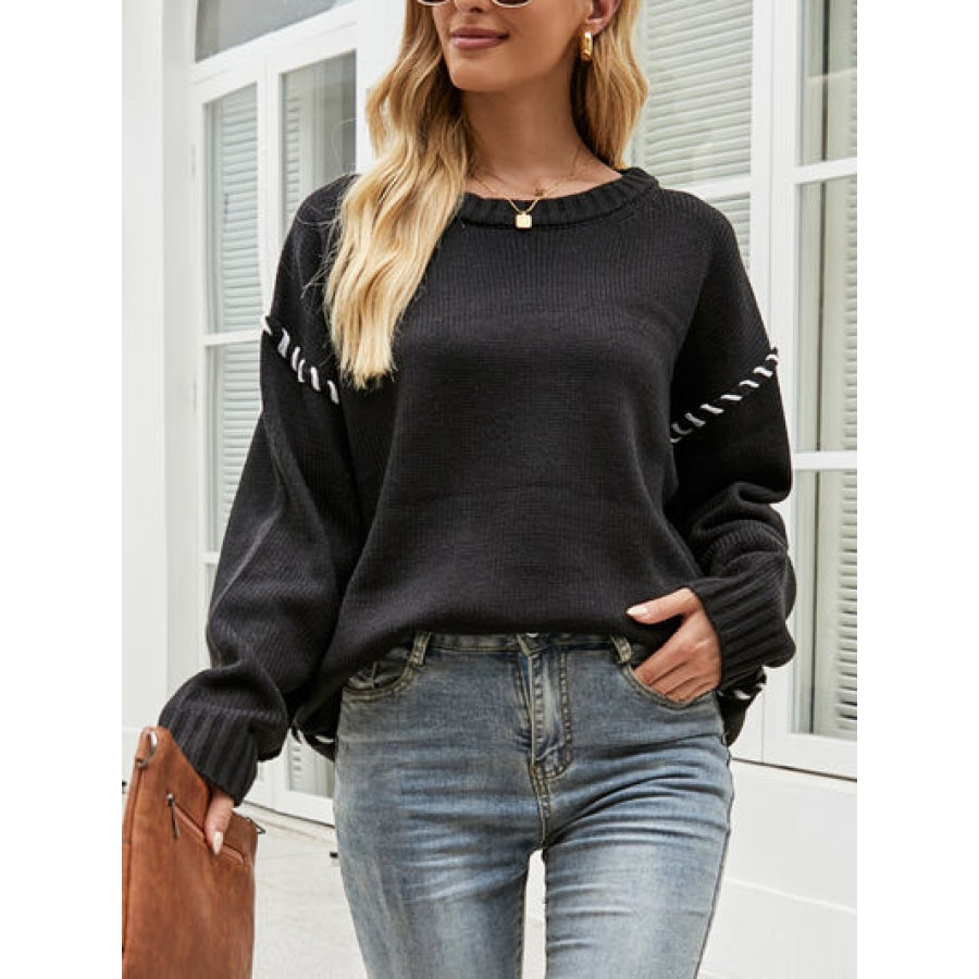 Contrast Round Neck Drop Shoulder Knit Top Black / S Clothing