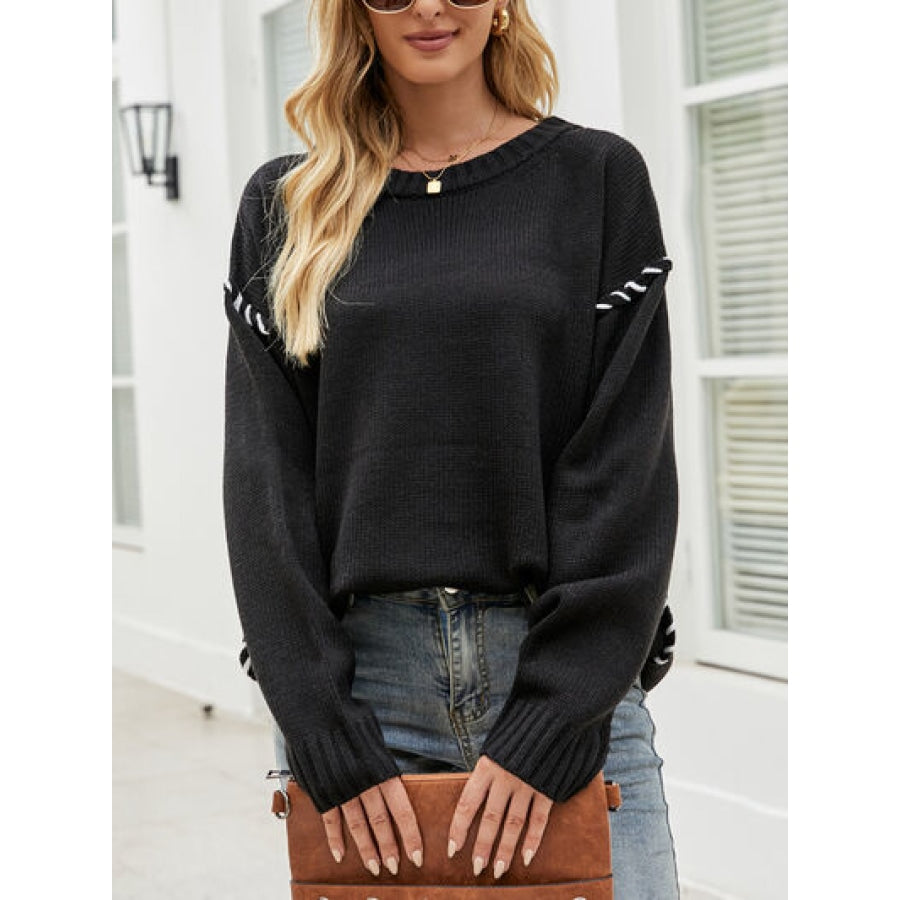 Contrast Round Neck Drop Shoulder Knit Top Clothing