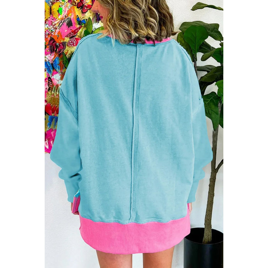 Contrast Round Neck Dropped Shoulder Long Sleeve Sweatshirt Turquoise / S Apparel and Accessories