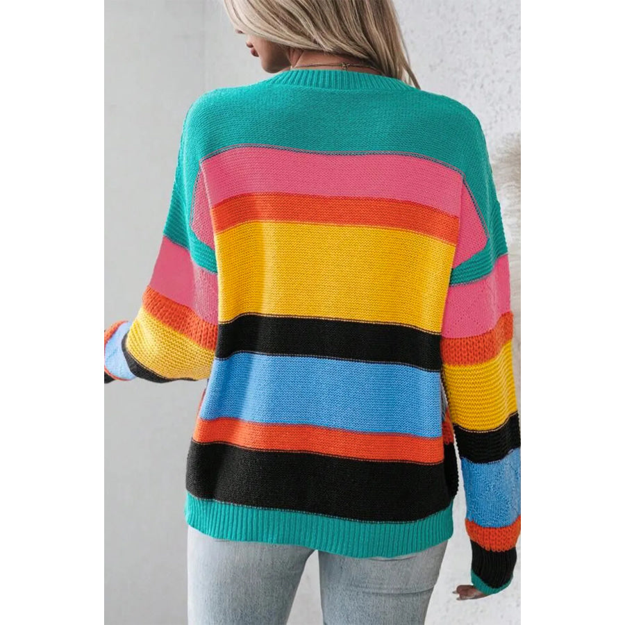 Contrast Round Neck Dropped Shoulder Sweater Apparel and Accessories