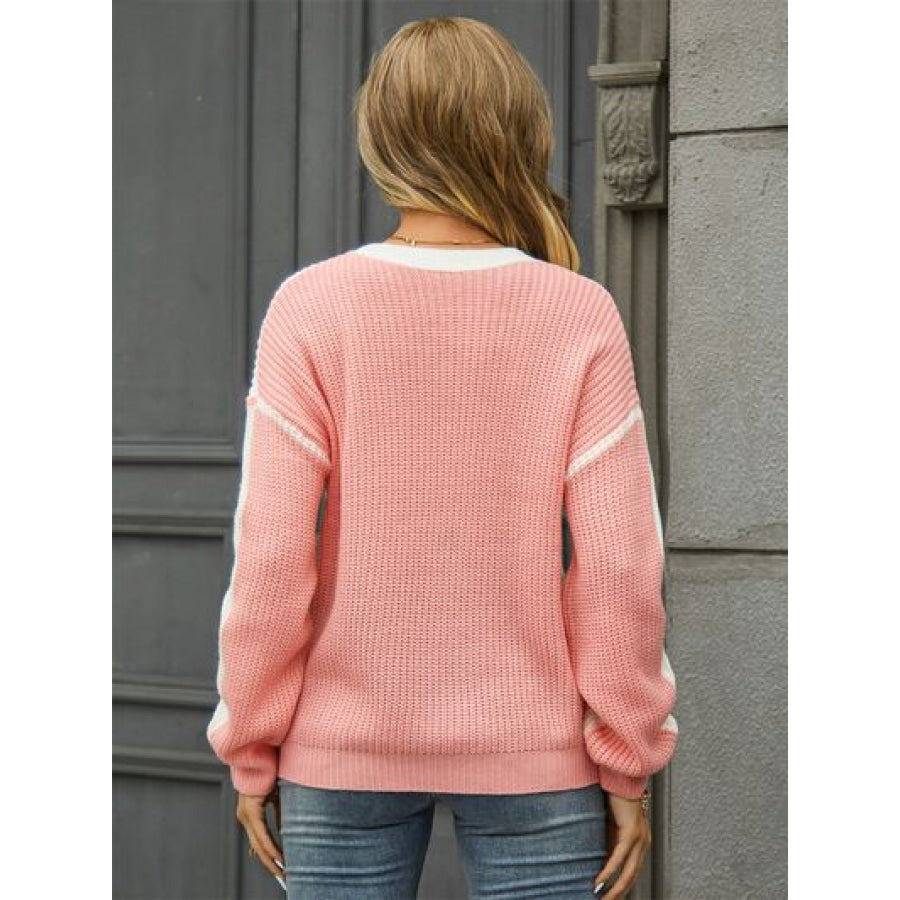 Contrast Round Neck Dropped Shoulder Sweater Apparel and Accessories