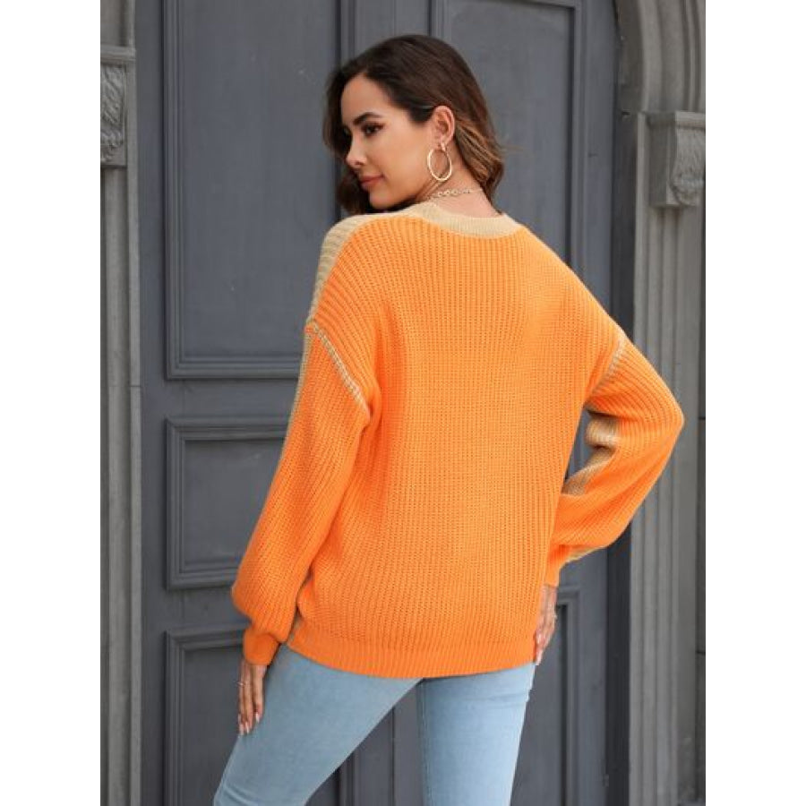 Contrast Round Neck Dropped Shoulder Sweater Apparel and Accessories