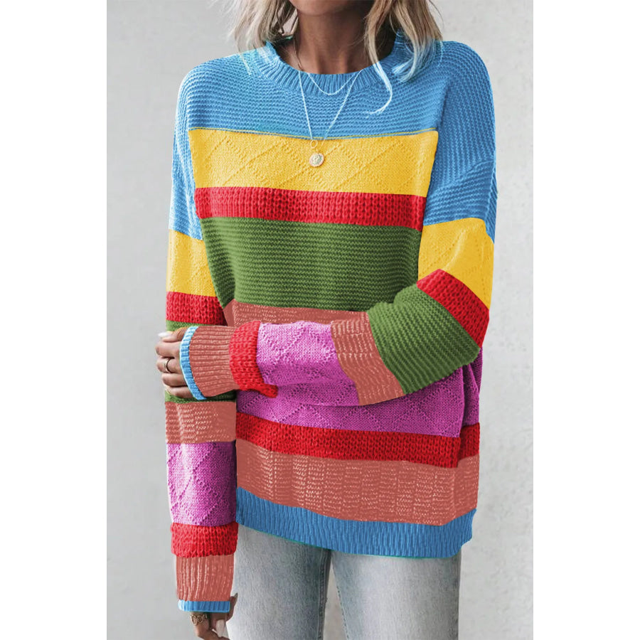 Contrast Round Neck Dropped Shoulder Sweater Apparel and Accessories