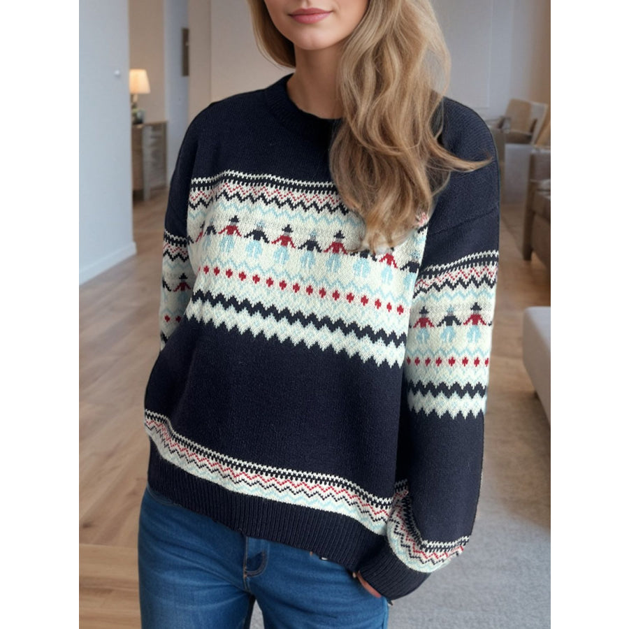 Contrast Round Neck Dropped Shoulder Sweater Apparel and Accessories