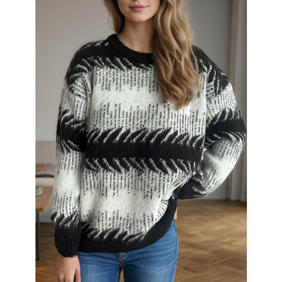 Contrast Round Neck Dropped Shoulder Sweater Apparel and Accessories