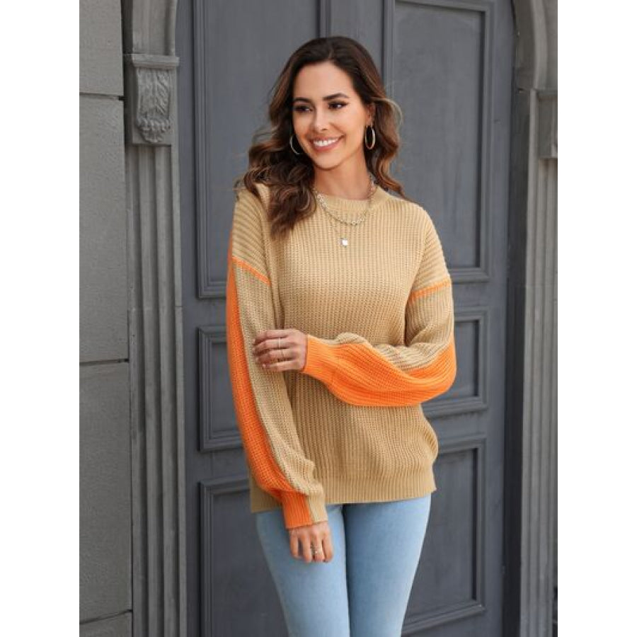 Contrast Round Neck Dropped Shoulder Sweater Camel / S Apparel and Accessories