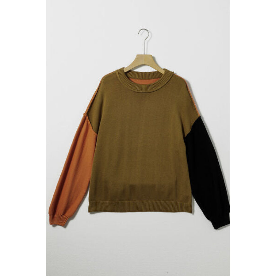 Contrast Round Neck Dropped Shoulder Sweater Apparel and Accessories