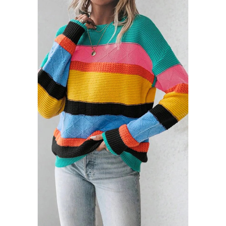 Contrast Round Neck Dropped Shoulder Sweater Turquoise / S Apparel and Accessories