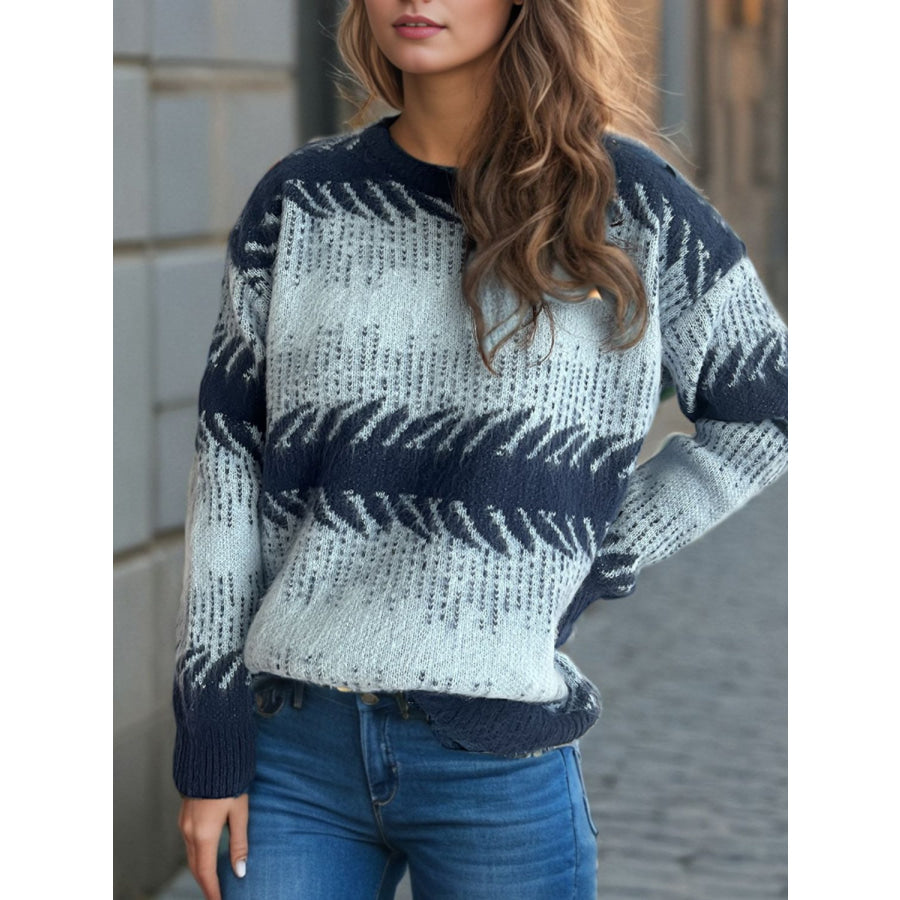 Contrast Round Neck Dropped Shoulder Sweater Apparel and Accessories