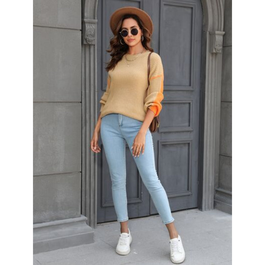 Contrast Round Neck Dropped Shoulder Sweater Apparel and Accessories