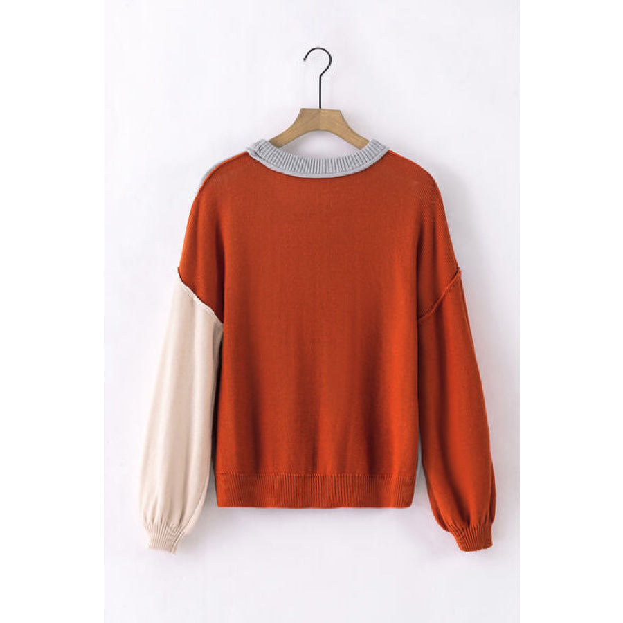 Contrast Round Neck Dropped Shoulder Sweater Apparel and Accessories