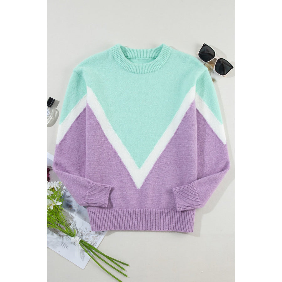 Contrast Round Neck Dropped Shoulder Sweater Apparel and Accessories