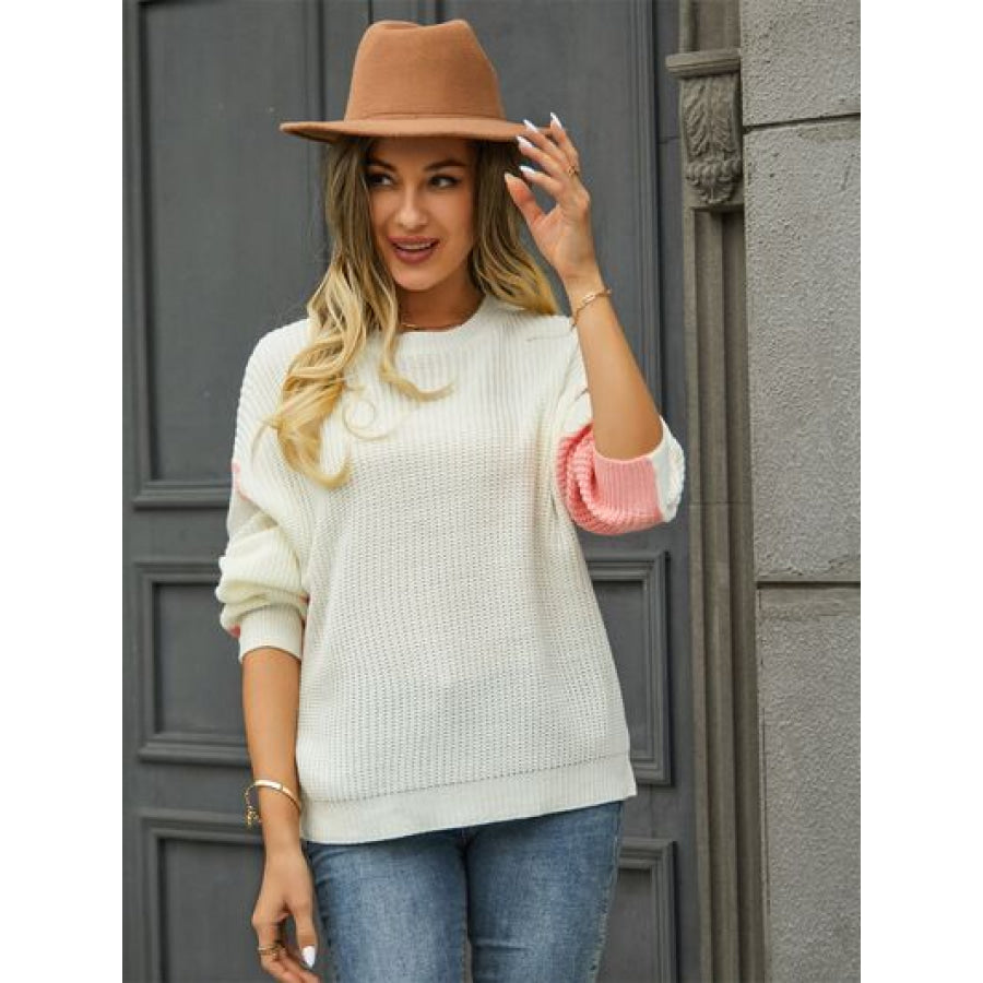 Contrast Round Neck Dropped Shoulder Sweater Apparel and Accessories