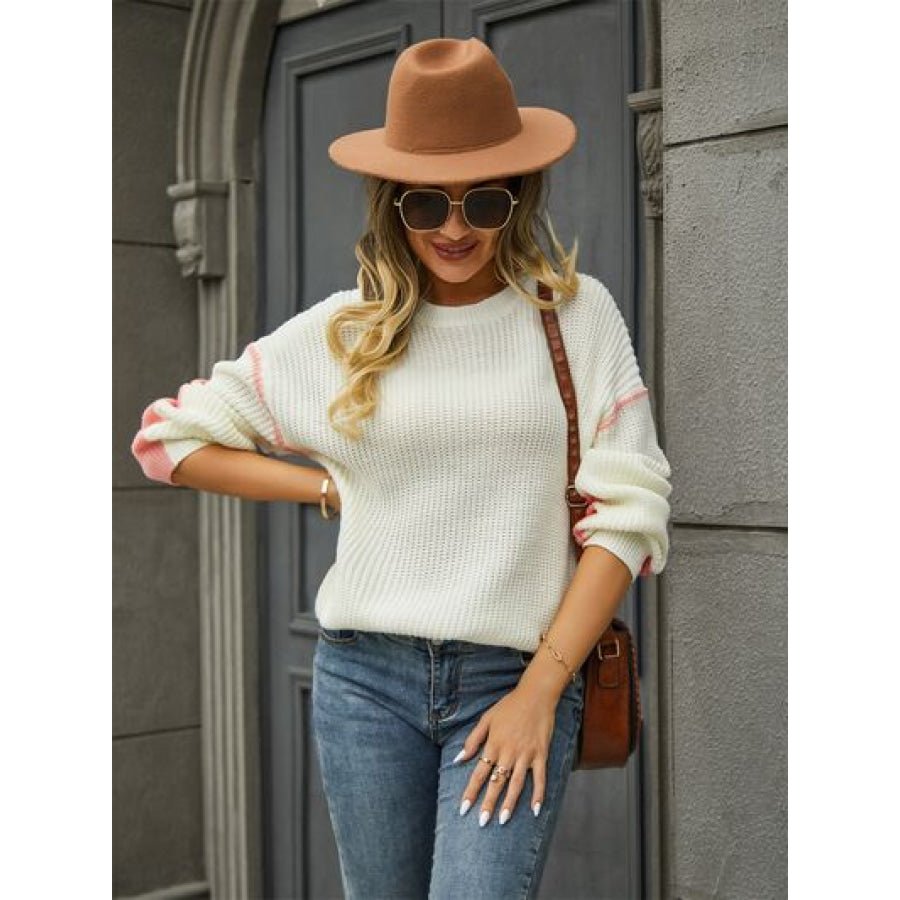 Contrast Round Neck Dropped Shoulder Sweater Apparel and Accessories