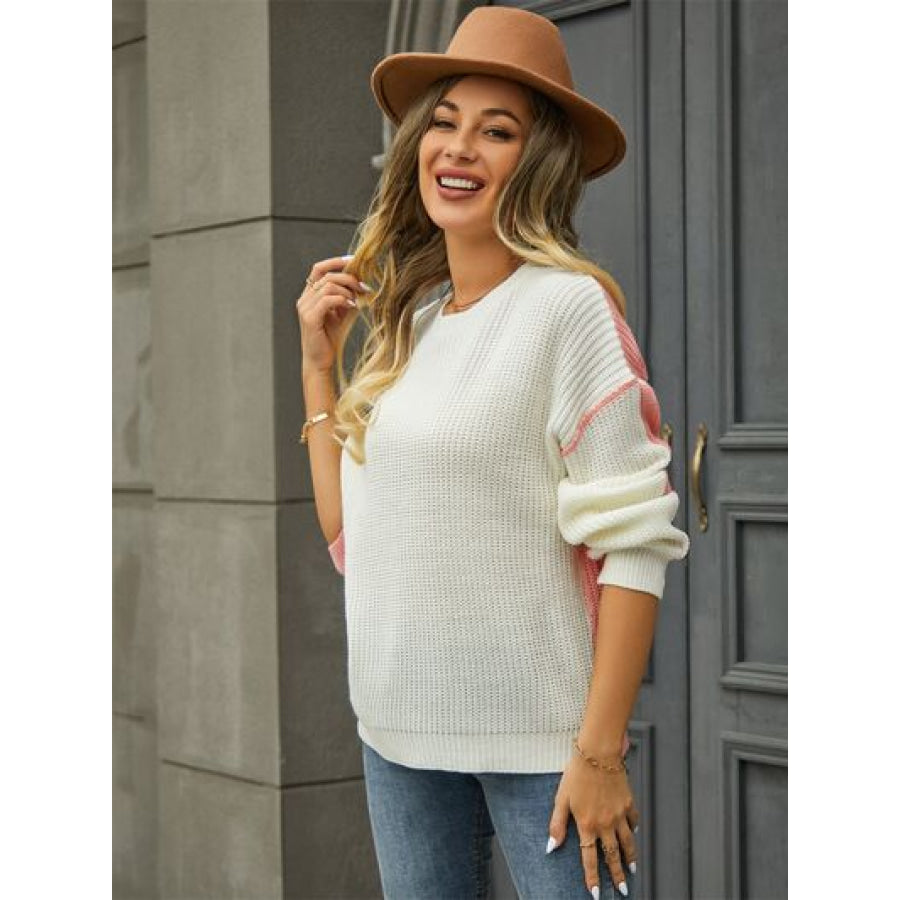 Contrast Round Neck Dropped Shoulder Sweater Apparel and Accessories