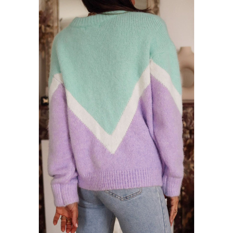 Contrast Round Neck Dropped Shoulder Sweater Lavender / S Apparel and Accessories