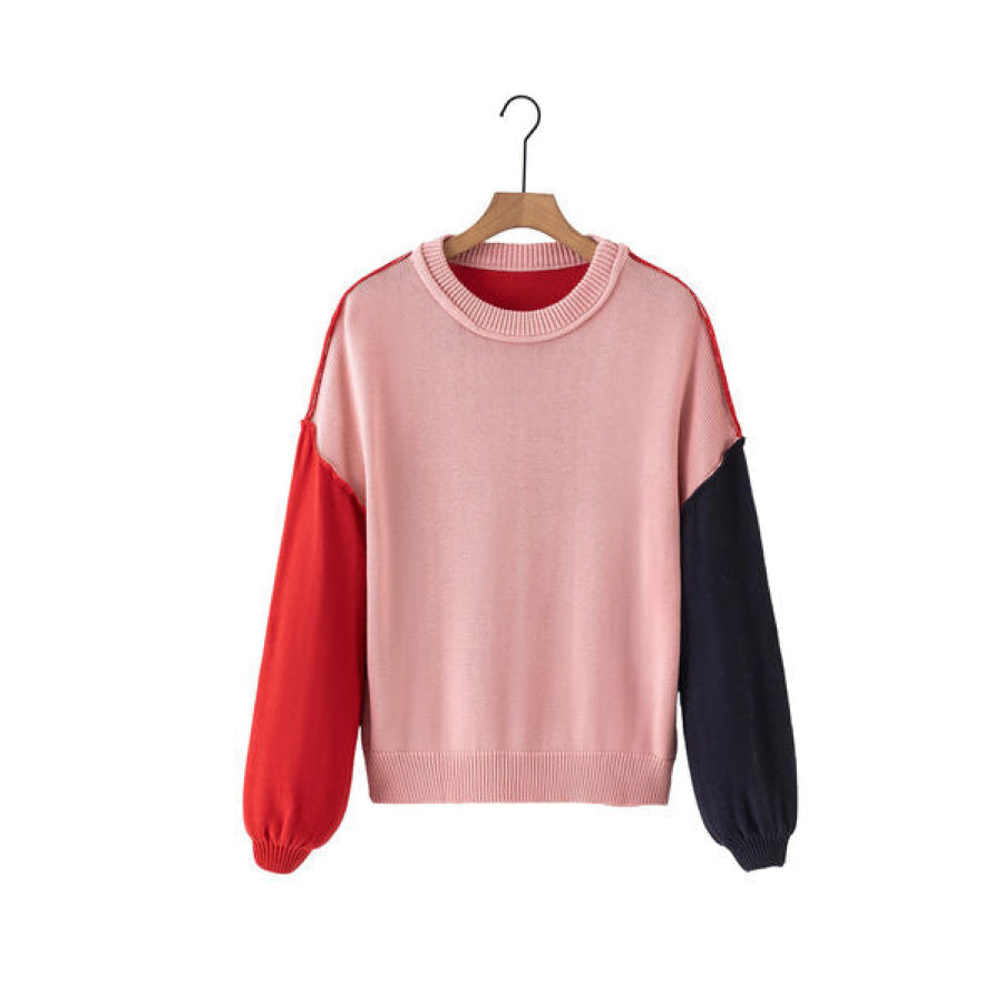 Contrast Round Neck Dropped Shoulder Sweater Apparel and Accessories