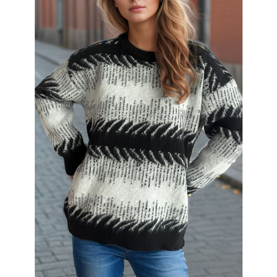 Contrast Round Neck Dropped Shoulder Sweater Black / One Size Apparel and Accessories